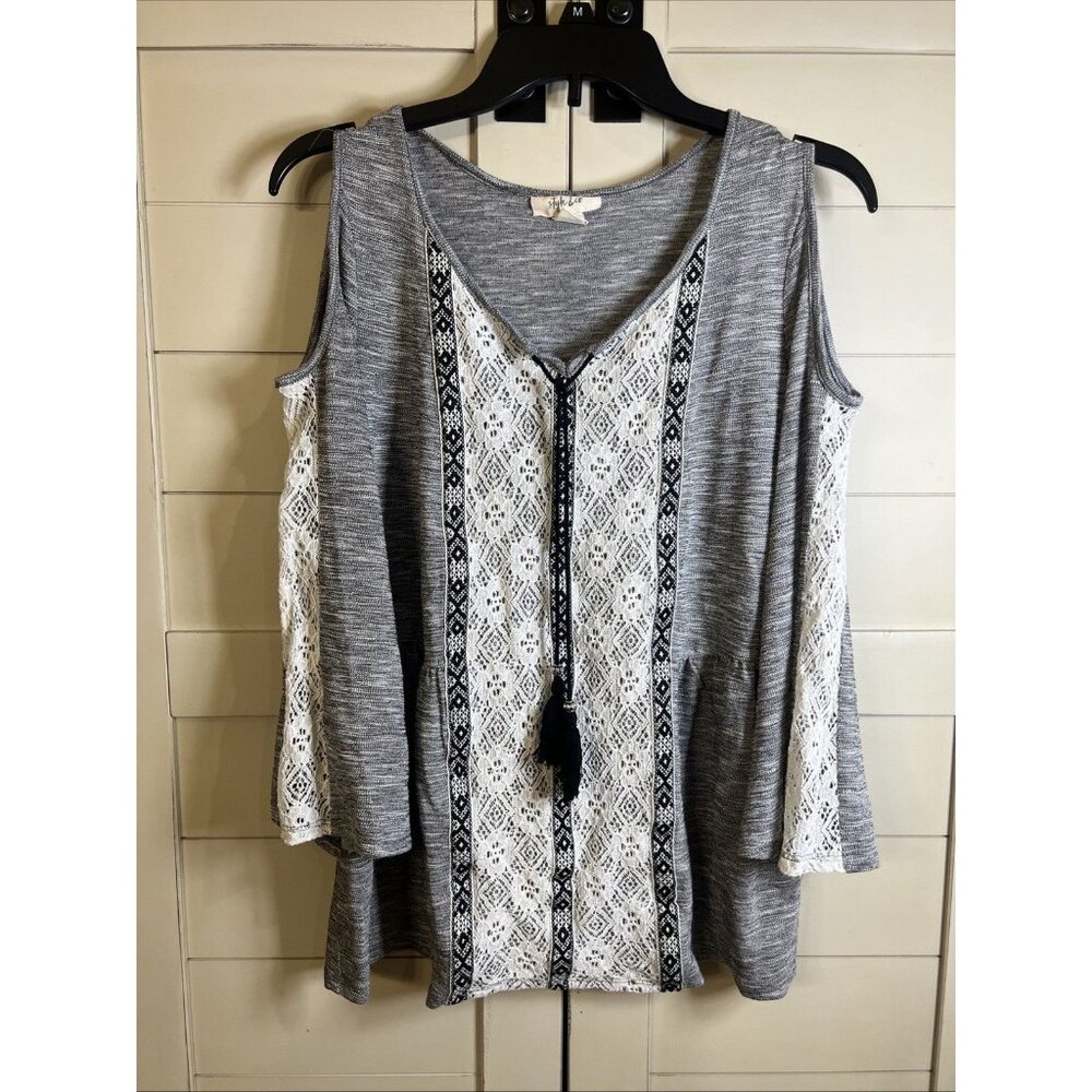 Style & Co. Black Lace Inset Cold-Shoulder Peasant Top M Western Boho Women